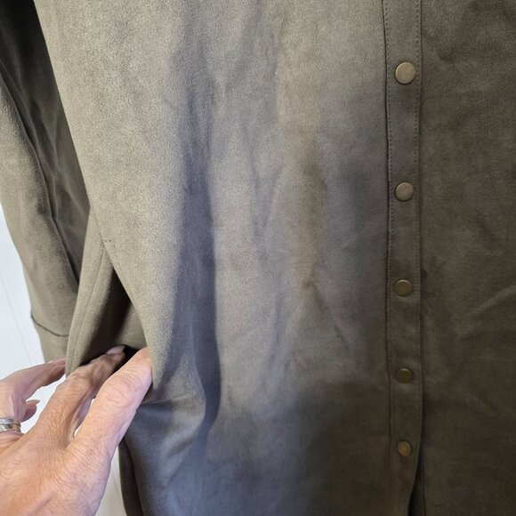 FDJ Faux Suede Boho Western Shirt Dress XS Olive Autumn Button-Down Pockets New - Picture 3 of 11